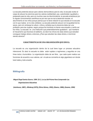 Cada escuela tiene un contexto, una historia y un funcionamiento.
10 EDICELA FLORES CASTRO GRADO: 1ER GRUPO: “B” LIC. EN EDUCACIÒN PRIMARIA
La escuela pretende educar para valores democráticos para la vida, la escuela recibe el
cargo de educar los alumnos para los valores (solidaridad, paz, autenticidad, igualdad) y
prepararlo para la vida, pero en muchos caso es discriminatoria, la escuela enseñanza por
lo regular conocimientos científicos es por eso que se da la deserción escolar, el
aburrimiento en los niños porque piensa que no tiene relación lo que estudia en la escuela
con lo que realiza en la vida cotidiana. La escuela pretende educar con la igualdad de los
sexos, pero sin embargo la cultura crítica y enfatiza que la docencia debe ser una
profesión para las mujeres, según porque los hombres no tienen esa empatía y cariño así
los niños. La escuela es una institución que pretendidamente igualadora que mantiene
el mecanismo que favorece el estilismo, es decir los chicos de clase obrera que estudian
consiguen trabajo obrera, entonces ¿Para que estudian las clase obrera, si terminan
siendo obreros?
CARACTERISTICAS DE UNA ORGANIZACIÓN QUE EDUCA.
La escuela es una organización dentro de la cual tiene lugar un proceso educativo
intencional. Es decir la escuela no debe estar sujetas a regímenes y seguirlas en una
línea recta o burocrática. La organización debe de ser libre, que cada quien realice sus
funciones de acuerdo a sus valores, así el aula se convierte en algo gigantesco en donde
todo habla y todo enseña.
Bibliografía
Miguel Àngel Santos Guerra. 1994 (S.F.). La Luz Del Prisma Para Comprender Las
Organizaciones Educativas
(stenhouse, 1987) , Kliksberg (1975), (Pérez Gómez, 1992), (Owens, 1980), (Seoane, 1994)
 