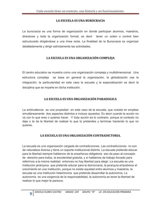 Cada escuela tiene un contexto, una historia y un funcionamiento.
9 EDICELA FLORES CASTRO GRADO: 1ER GRUPO: “B” LIC. EN EDUCACIÒN PRIMARIA
LA ESCUELA ES UNA BUROCRACIA
La burocracia es una forma de organización en donde participan alumnos, maestros,
directores y toda la organización formal, es decir tener un orden o control bien
estructurado dirigiéndose a una línea recta. La finalidad de la Burocracia es organizar
detalladamente y dirigir estrictamente las actividades.
LA ESCUELA ES UNA ORGANIZACIÓN COMPLEJA
El centro educativo se muestra como una organización compleja y multidimensional. Una
estructura compleja se basa en general la organización, la globalización ose la
integración, la particularidad en este caso la escuela y la especialización es decir la
disciplina que se imparte en dicha institución.
LA ESCUELA ES UNA ORGANIZACIÓN PARADOGICA
La ambivalencia es una propiedad en este caso de la escuela, que cosiste en emplear
simultáneamente dos aspectos distintos e incluso opuestos. Es decir cuando la acción no
va con lo que eres o quieres hacer. Y toda acción es lo contrario, porque el contexto no
deja o te da la libertad de realizar lo que tú pretendes y terminas haciendo lo que no
quieres.
LA ESCUELA ES UNA ORGANIZACIÓN CONTRADICTORIA.
La escuela es una organización cargada de contradicciones. Las contradicciones no son
de naturaleza diversa y tiene un soporte institucional distinto. La escuela pretende educar
para la libertad siempre hablamos de la enseñanza obligatoria eso da paso al concepto
de derecho para todos, la escolaridad gratuita, y si hablamos de trabajo forzado para
referirnos a la misma realidad entonces no hay libertad para elegir. La escuela es una
institución jerárquica que pretende educar para la democracia, la jerarquía empobrece el
crecimiento en una institución, porque no existe equidad entre alumnos y maestros, la
escuela es una institución heterónoma que pretende desarrollar la autonomía. La
autonomía es una exigencia de la responsabilidad, la autonomía es tener la libertad de
realizar lo que mejor le parezca.
 