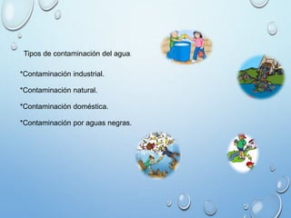 Tipos de contaminación del agua.
*Contaminación industrial.
*Contaminación natural.
*Contaminación doméstica.
*Contaminación por aguas negras.
 