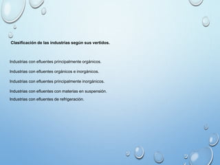 Clasificación de las industrias según sus vertidos.
Industrias con efluentes principalmente orgánicos.
Industrias con efluentes orgánicos e inorgánicos.
Industrias con efluentes principalmente inorgánicos.
Industrias con efluentes con materias en suspensión.
Industrias con efluentes de refrigeración.
 