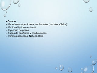 • Causas
– Vertederos superficiales y enterrados (vertidos sólidos)
– Vertidos líquidos a cauces
– Inyección de pozos
– Fugas de depósitos y conducciones
– Vertidos gaseosos: NOx, S, Boro
 