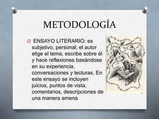 METODOLOGÍA
O ENSAYO LITERARIO: es
subjetivo, personal; el autor
elige el tema, escribe sobre él
y hace reflexiones basánd...
