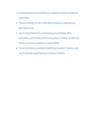3. Reporte oportunode las anomalíasque se generande maneravoluntariao
involuntaria.
4. Planearentiempo yformalasdiferentesaccionesqueconforman una
actividadgeneral.
5. Asumir conprestancialasconsecuenciasquelasomisiones,obras,
expresionesysentimientosgeneranenlapersona,el entorno,lavidade los
demásylosrecursosasignadosal cargoconferido.
6. Promoverprincipiosyprácticassaludablesparaproducir,manejar yusar
lasherramientasymaterialesqueal cargo se le confiere
 