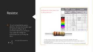 Resistor.
 Es un componente pasivo
eléctrico de dos terminales que
se oponen al flujo de la
corriente eléctrica y produce
una caída de voltaje en
concordancia con la ley de
ohm.
Las bandas de colores determinan
su valor y tolerancia.
𝑅 =
𝑉
𝐼
Formula de la resistencia
Las dos primeras bandas indican las dos primeras cifras del valor del resistor.
– La tercera banda indica cuantos ceros hay que aumentarle al valor anterior para obtener el
valor final del resistor.
– La cuarta banda nos indica la tolerancia y si hay quinta banda, ésta nos indica su confiabilidad
 