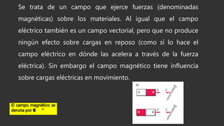 Se trata de un campo que ejerce fuerzas (denominadas
magnéticas) sobre los materiales. Al igual que el campo
eléctrico también es un campo vectorial, pero que no produce
ningún efecto sobre cargas en reposo (como sí lo hace el
campo eléctrico en dónde las acelera a través de la fuerza
eléctrica). Sin embargo el campo magnético tiene influencia
sobre cargas eléctricas en movimiento.
 