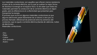 Los materiales conductores, son aquellos que ofrecen menos resistencia
al paso de la corriente eléctrica, por lo que se vuelven la mejor forma
de distribuir la energía en el espacio físico. Es de saber que todos los
materiales permiten la conducción de la corriente eléctrica en algún
grado, pero la diferencia es en a efectividad que presentan para
transportar la energía.
El proceso que ocurre en algunos materiales conductores es que
algunos electrones pasan libremente de un átomo a otro por un
proceso llamado: diferencial de potencial entre los extremos del
conductor, que es igual a corriente eléctrica.(banda de valencias, nubes
de electrones)
Materiales conductores.
-Oro-
-Plata-
-Cobre-
-Aire ionizado-
-Acero-
 