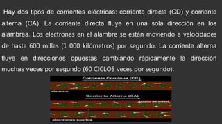 Hay dos tipos de corrientes eléctricas: corriente directa (CD) y corriente
alterna (CA). La corriente directa fluye en una sola dirección en los
alambres. Los electrones en el alambre se están moviendo a velocidades
de hasta 600 millas (1 000 kilómetros) por segundo. La corriente alterna
fluye en direcciones opuestas cambiando rápidamente la dirección
muchas veces por segundo (60 CICLOS veces por segundo).
 