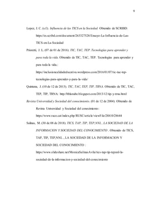 9
Lopez, J. C. (s.f.). Influencia de las TICS en la Sociedad. Obtenido de SCRIBD:
https://es.scribd.com/document/263327528/Ensayo-La-Influencia-de-Las-
TICS-en-La-Sociedad
Prioretti, J. L. (07 de 01 de 2016). TIC, TAC, TEP. Tecnologías para aprender y
para toda la vida. Obtenido de TIC, TAC, TEP. Tecnologías para aprender y
para toda la vida.:
https://inclusioncalidadeducativa.wordpress.com/2016/01/07/tic-tac-tep-
tecnologias-para-aprender-y-para-la-vida/
Quintana, J. (10 de 12 de 2013). TIC, TAC, TEP, TIP, TRNA. Obtenido de TIC, TAC,
TEP, TIP, TRNA: http://bblanube.blogspot.com/2013/12/tip-y-trna.html
Revista Universidad y Sociedad del conocimiento. (01 de 12 de 2004). Obtenido de
Revista Universidad y Sociedad del conocimiento:
https://www.raco.cat/index.php/RUSC/article/viewFile/28810/28644
Salinas, M. (30 de 08 de 2018). TICS, TAP, TIP, TEP,NNL , LA SOCIEDAD DE LA
INFORMACION Y SOCIEDAD DEL CONOCIMIENTO . Obtenido de TICS,
TAP, TIP, TEP,NNL , LA SOCIEDAD DE LA INFORMACION Y
SOCIEDAD DEL CONOCIMIENTO :
https://www.slideshare.net/MonicaSalinasAvila/tics-tap-tip-tepnnl-la-
sociedad-de-la-informacion-y-sociedad-del-conocimiento
 