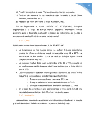 15
a) Presión temporal de la tarea (Tiempo disponible, tiempo necesario).
b) Cantidad de recursos de procesamiento que demanda la tarea (Sean
mentales, sensoriales, etc.).
c) Aspectos de orden emocional (Fatiga, frustración, etc.).
Por su importancia la norma UNE-EN ISO 10075-3:2005, Principios
ergonómicos a la carga de trabajo mental. Especifica información técnica
pertinente para el desarrollo, evaluación y elección de instrumentos de medida a
emplear en la evaluación de la carga de trabajo mental.
5.3.2 Clima
Condiciones ambientales según el anexo III del RD 486/1997:
 La temperatura de los locales donde se realicen trabajos sedentarios
propios de oficina o similares estará comprendida entre 17 y 27°C. La
temperatura de los locales donde se realicen trabajos ligeros estará
comprendida entre 14 y 25°C.
 La humedad relativa debe estar comprendida entre 30 y 70%, excepto en
los locales donde exista riesgo de electricidad estática que el límite inferior
será el 50%.
 Los trabajadores no deberán estar expuestos a corrientes de aire de forma
frecuente o continuada que excedan los siguientes límites:
o Trabajos en ambientes no calurosos: 0,25 m/s
o Trabajos sedentarios en ambientes calurosos: 0,5 m/s
o Trabajos no sedentarios en ambientes calurosos: 0,75 m/s
 En el caso de corrientes de aire acondicionado el límite será de 0,25 m/s
para trabajos sedentarios y de 0,35 m/s en los demás casos.
5.3.3 Iluminación
Las principales magnitudes y unidades luminotécnicas empleadas en el estudio
y acondicionamiento de la iluminación en los puestos de trabajo son:
 