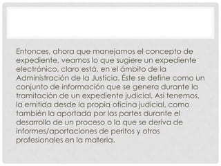 Entonces, ahora que manejamos el concepto de
expediente, veamos lo que sugiere un expediente
electrónico, claro está, en el ámbito de la
Administración de la Justicia. Éste se define como un
conjunto de información que se genera durante la
tramitación de un expediente judicial. Así tenemos,
la emitida desde la propia oficina judicial, como
también la aportada por las partes durante el
desarrollo de un proceso o la que se deriva de
informes/aportaciones de peritos y otros
profesionales en la materia.
 