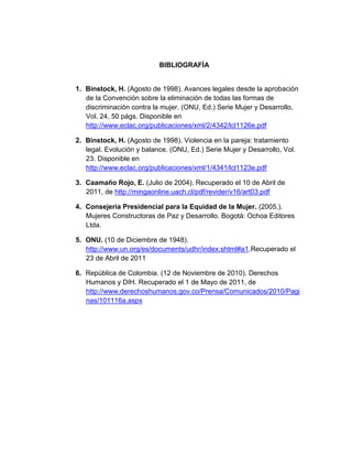 BIBLIOGRAFÍA


1. Binstock, H. (Agosto de 1998). Avances legales desde la aprobación
   de la Convención sobre la eliminación de todas las formas de
   discriminación contra la mujer. (ONU, Ed.) Serie Mujer y Desarrollo,
   Vol. 24, 50 págs. Disponible en
   http://www.eclac.org/publicaciones/xml/2/4342/lcl1126e.pdf

2. Binstock, H. (Agosto de 1998). Violencia en la pareja: tratamiento
   legal. Evolución y balance. (ONU, Ed.) Serie Mujer y Desarrollo, Vol.
   23. Disponible en
   http://www.eclac.org/publicaciones/xml/1/4341/lcl1123e.pdf

3. Caamaño Rojo, E. (Julio de 2004). Recuperado el 10 de Abril de
   2011, de http://mingaonline.uach.cl/pdf/revider/v16/art03.pdf

4. Consejería Presidencial para la Equidad de la Mujer. (2005.).
   Mujeres Constructoras de Paz y Desarrollo. Bogotá: Ochoa Editores
   Ltda.

5. ONU. (10 de Diciembre de 1948).
   http://www.un.org/es/documents/udhr/index.shtml#a1.Recuperado el
   23 de Abril de 2011

6. República de Colombia. (12 de Noviembre de 2010). Derechos
   Humanos y DIH. Recuperado el 1 de Mayo de 2011, de
   http://www.derechoshumanos.gov.co/Prensa/Comunicados/2010/Pagi
   nas/101116a.aspx
 