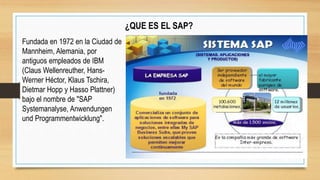 Fundada en 1972 en la Ciudad de
Mannheim, Alemania, por
antiguos empleados de IBM
(Claus Wellenreuther, Hans-
Werner Héctor, Klaus Tschira,
Dietmar Hopp y Hasso Plattner)
bajo el nombre de "SAP
Systemanalyse, Anwendungen
und Programmentwicklung".
¿QUE ES EL SAP?
 