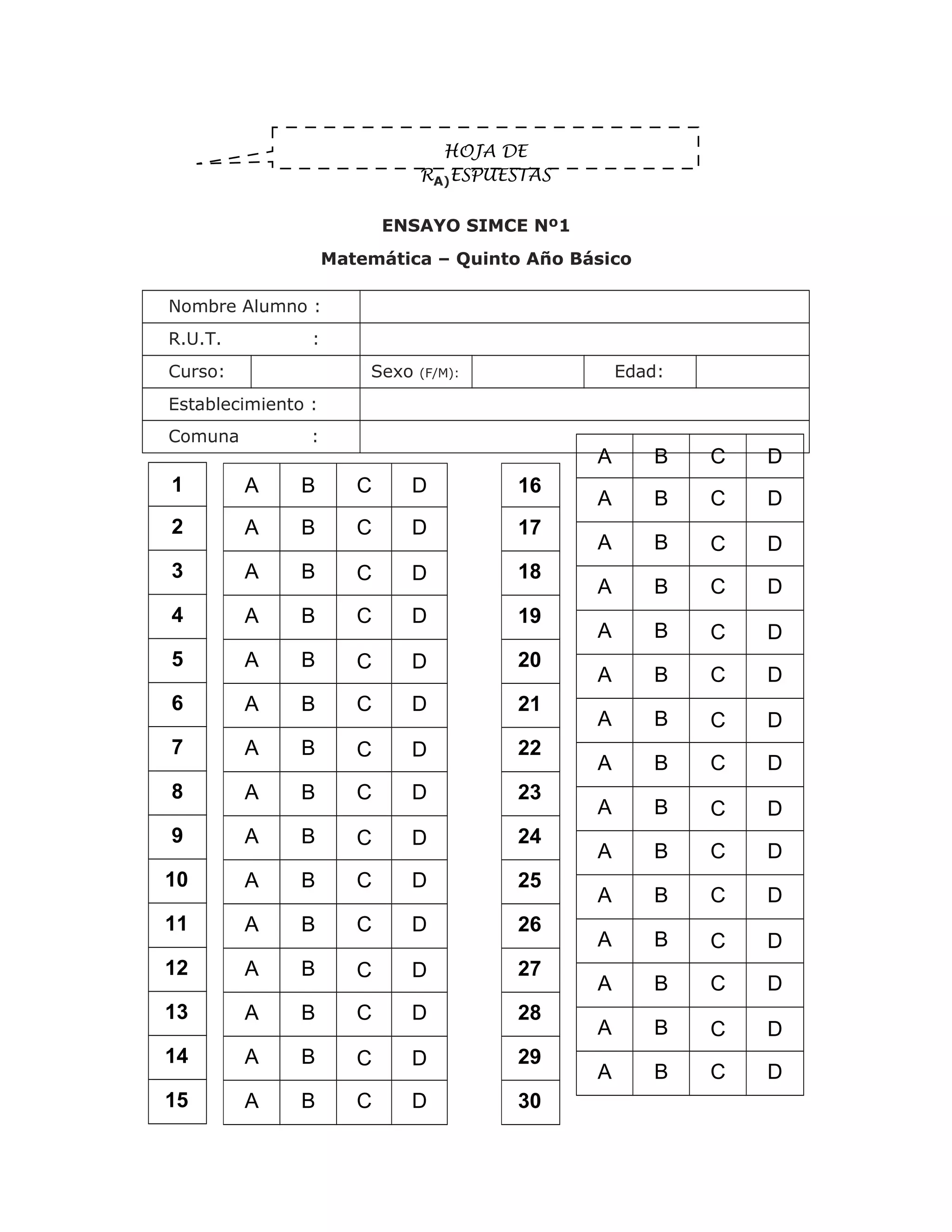 A B C D
A B C D
A B C D
A B C D
A B C D
A B C D
A B C D
A B C D
A B C D
A B C D
A B C D
A B C D
A B C D
A B C D
A B C D
16
17
18
19
20
21
22
23
24
25
26
27
28
29
30
A B C D
A B C D
A B C D
A B C D
A B C D
A B C D
A B C D
A B C D
A B C D
A B C D
A B C D
A B C D
A B C D
A B C D
A B C D
HOJA DE
RA)ESPUESTAS
ENSAYO SIMCE Nº1
Matemática – Quinto Año Básico
Nombre Alumno :
R.U.T. :
Curso: Sexo (F/M): Edad:
Establecimiento :
Comuna :
1
2
3
4
5
6
7
8
9
10
11
12
13
14
15
 