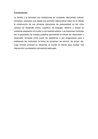 Conclusiones:

La familia y la sociedad son instituciones en constante intercambio cultural,
normativo, educativo que desde sus primeros intercambios crean en el infante
la construcción de sus primeras estructuras de personalidad en los cinco
campos de desarrollo (físico, cognitivo, de lenguaje, afectivo y social) en
constante adaptación al mundo y a la realidad exterior. Las relaciones humanas
van a pareciendo de manera paulatina permitiendo al infante ser observador y
observado, tomando como punto de enseñanza a sus progenitores para ir
moldeando las conductas, la forma de conversar, de convivir, de actuar, etc.
Cuya función principal es presentar el mundo al infante para realizar una
intervención socializadora (educativa) adecuada.
 