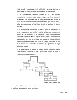 (hacia atrás) y prospectiva (hacia adelante), y pretende integrar en
          mayor grado los objetivos organizacionales con los individuales.

          Es   un     procedimiento   continuo:   aunque   la   EDD   se   concrete
          generalmente en una entrevista anual en la que intervienen solamente
          el evaluado y el evaluador, que es habitualmente el jefe directo de
          aquél, la evaluación es un procedimiento continuo, que abarca todas y
          solas las actuaciones del individuo durante el período de tiempo
          evaluado.

          Es un procedimiento sistemático: en la EDD, tanto los factores que se
          van a evaluar, como sus niveles o grados, así como el procedimiento
          entero de la entrevista y su desarrollo, están minuciosamente
          sistematizados en un Manual, idéntico para todos los miembros de la
          organización. Con ello se persigue, por una parte, el que todos los
          afectados conozcan con qué vara se les va a medir, y por otra, se trata
          de conseguir una uniformidad de criterios que garantice la mayor
          objetividad posible.

          Es un procedimiento en cadena, ya que los mandos superiores evalúan
          a los inferiores y estos a su vez a los que les siguen, tal como se
          muestra en el siguiente cuadro:”




                                                       Puchol (2007), página 301.

La evaluación del desempeño sirve entre otras cosas para:
 i. Gestionar al personal de forma más justa;


                                                                                  Página 2 de 6
 
