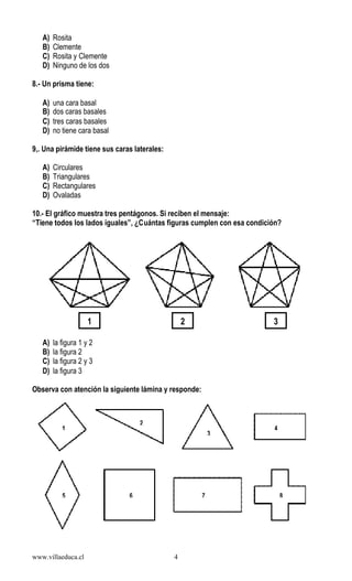 www.villaeduca.cl 4
A) Rosita
B) Clemente
C) Rosita y Clemente
D) Ninguno de los dos
8.- Un prisma tiene:
A) una cara basal
B) dos caras basales
C) tres caras basales
D) no tiene cara basal
9,. Una pirámide tiene sus caras laterales:
A) Circulares
B) Triangulares
C) Rectangulares
D) Ovaladas
10.- El gráfico muestra tres pentágonos. Si reciben el mensaje:
“Tiene todos los lados iguales”, ¿Cuántas figuras cumplen con esa condición?
A) la figura 1 y 2
B) la figura 2
C) la figura 2 y 3
D) la figura 3
Observa con atención la siguiente lámina y responde:
1 2 3
1 4
3
2
5 6 7 8
 