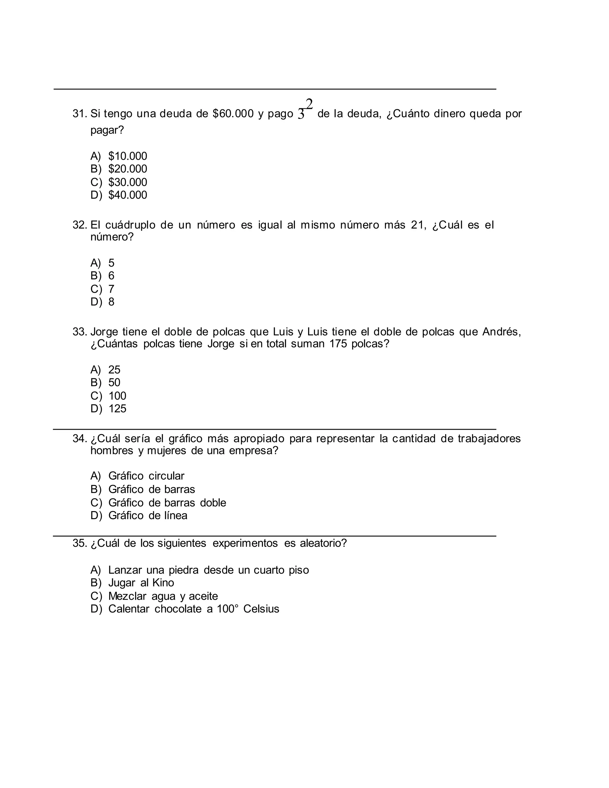31. Si tengo una deuda de $60.000 y pago 3
2
de la deuda, ¿Cuánto dinero queda por
pagar?
A) $10.000
B) $20.000
C) $30.000
D) $40.000
32. El cuádruplo de un número es igual al mismo número más 21, ¿Cuál es el
número?
A) 5
B) 6
C) 7
D) 8
33. Jorge tiene el doble de polcas que Luis y Luis tiene el doble de polcas que Andrés,
¿Cuántas polcas tiene Jorge si en total suman 175 polcas?
A) 25
B) 50
C) 100
D) 125
34. ¿Cuál sería el gráfico más apropiado para representar la cantidad de trabajadores
hombres y mujeres de una empresa?
A) Gráfico circular
B) Gráfico de barras
C) Gráfico de barras doble
D) Gráfico de línea
35. ¿Cuál de los siguientes experimentos es aleatorio?
A) Lanzar una piedra desde un cuarto piso
B) Jugar al Kino
C) Mezclar agua y aceite
D) Calentar chocolate a 100° Celsius
 