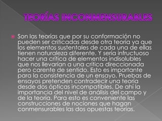    Son las teorías que por su conformación no
    pueden ser criticadas desde otra teoría ya que
    los elementos sustentales de cada una de ellas
    tienen naturaleza diferente. Y sería infructuoso
    hacer una crítica de elementos indisolubles
    que nos llevarían a una crítica direccionada
    pero carente de sentido. Esto es importante
    para la consistencia de un ensayo. Pruebas de
    ensayos pretenden contradecir una teoría
    desde dos ópticas incompatibles. De ahí la
    importancia del nivel de análisis del campo y
    de la teoría. Para esto es conveniente las
    construcciones de nociones que hagan
    conmensurables las dos opuestas teorías.
 
