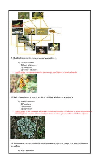 

9. ¿Cuál de los siguientes organismos son productores?
A) Lagartija y culebra
B) Rata y saltamontes
C) Zorro y puma
D) Hierbas y arbustos x




Justificación: los organismos productores son los que fabrican su propio alimento.

10. La interacción que se muestra entre la mariposa y la flor, corresponde a
A) Protocooperación x
B) Parasitismo
C) Mutualismo
D) Depredación


Justificación: es una interacción biológica en la cual dos organismos o poblaciones se benefician mutuamente,
sin embargo esta condición no es esencial para la vida de ambos, ya que pueden vivir de forma separada.



11. Los líquenes son una asociación biológica entre un alga y un hongo. Esta Interacción es un
ejemplo de
A) Protocooperación

 