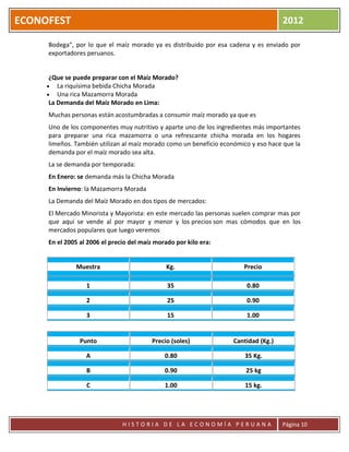ECONOFEST                                                                            2012

     Bodega", por lo que el maíz morado ya es distribuido por esa cadena y es enviado por
     exportadores peruanos.


     ¿Que se puede preparar con el Maíz Morado?
        La riquísima bebida Chicha Morada
        Una rica Mazamorra Morada
     La Demanda del Maíz Morado en Lima:
     Muchas personas están acostumbradas a consumir maíz morado ya que es
     Uno de los componentes muy nutritivo y aparte uno de los ingredientes más importantes
     para preparar una rica mazamorra o una refrescante chicha morada en los hogares
     limeños. También utilizan al maíz morado como un beneficio económico y eso hace que la
     demanda por el maíz morado sea alta.
     La se demanda por temporada:
     En Enero: se demanda más la Chicha Morada
     En Invierno: la Mazamorra Morada
     La Demanda del Maíz Morado en dos tipos de mercados:
     El Mercado Minorista y Mayorista: en este mercado las personas suelen comprar mas por
     que aquí se vende al por mayor y menor y los precios son mas cómodos que en los
     mercados populares que luego veremos
     En el 2005 al 2006 el precio del maíz morado por kilo era:


              Muestra                          Kg.                     Precio

                  1                            35                       0.80

                  2                            25                       0.90

                  3                            15                       1.00


                Punto                    Precio (soles)             Cantidad (Kg.)

                  A                           0.80                      35 Kg.

                  B                           0.90                      25 kg

                  C                           1.00                      15 kg.




                               HISTORIA DE LA ECONOMÍA PERUANA                       Página 10
 