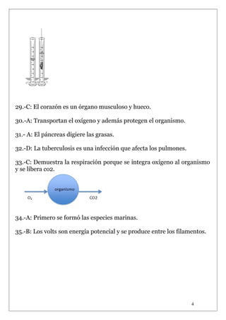 29.-C: El corazón es un órgano musculoso y hueco.
30.-A: Transportan el oxígeno y además protegen el organismo.
31.- A: El páncreas digiere las grasas.
32.-D: La tuberculosis es una infección que afecta los pulmones.
33.-C: Demuestra la respiración porque se integra oxígeno al organismo
y se libera co2.

34.-A: Primero se formó las especies marinas.
35.-B: Los volts son energía potencial y se produce entre los filamentos.

4

 