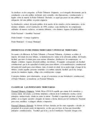Se clasifican en dos categorías: a) Poder Tributario Originario; es el otorgado directamente por la
constitución a un ente político territorial, pero sometido a las disposiciones constitucionales y
legales sobre la materia b) Poder Tributario Derivado; es aquel que posee un ente público por
delegación del ente público en poder originario.
La distribución vertical del poder público de la nación de los estados y de los municipios, en los
términos definidos en la Constitución de 1999, conduce a una distribución de competencias
atribuidas de manera exclusiva, en materia tributaria, a los distintos órganos del poder público:
Poder Nacional = Asamblea Nacional
Poder Estadal = Consejo Legislativo
Poder Municipal = Consejo Municipal
DIFERENCIAS ENTRE PODER TRIBUTARIO Y POTESTAD TRIBUTARIA
En cuanto a la diferencia de Poder Tributario y Potestad Tributaria, el primero se refiere al
imperio del estado de crear tributos, su fundamentación radica en la soberanía política del Estado;
facultad que tiene el estado para crear normas tributarias; distribución de competencias; va
dirigida a distintos órganos del poder público; da órdenes. El segundo corresponde a la facultad
constitucional que le da capacidad al estado para crear tributos, es la manifestación constitucional
del poder del estado para crear tributos; tiene el estado en virtud de su poder exigir el pago de los
tributos a todas aquellas personas sometidas a su ámbito espacial; facultad que la ley otorga;
ejecuta los mandatos legales; obliga a los contribuyentes a pagar.
Conceptos distintos pero relacionados, ya que al concretarse en una formulación constitucional,
el Poder Tributario se transforma en Potestad Tributaria.
CLASIFICAR LAS POTESTADES TRIBUTARIAS
Potestad Tributaria Originaria: Señala Moya (2014) Es aquella que emana de la naturaleza y
esencia misma del estado, y en forma inmediata y directa de la Constitución escrita,o de los
principios institucionales donde no exista la misma. Facultad o capacidad que tiene el poder
público en su órgano ejecutivo otorgado de manera o forma directa por la Constitución Nacional
para crear, modificar o extinguir tributos o impuestos.
Potestad Tributaria Derivada: Se derivan de leyes dictadas por los entes regionales o locales en
propiedad de su propio poder de imposición; se dice que son leyes de base que desarrollan
principios constitucionales. Facultad que la ley y no la Constitución Nacional otorgan a los
 