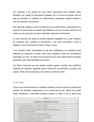 Con respecto a los granos de soya fueron percusores para modificar otros
alimentos, los cuales se mencionaran adelante. Por si mismos los granos solo se
trata de aumentar su cantidad de isoflavonoides, generando mayores beneficios
que de la especie convencional.
Otro elemento estudiado para la modificación es el ácido oleico, importante por su
papel en la disminución de posible aterosclerosis y por ser un ácido esencial en el
cuerpo por ser precursor de varios elementos necesarios diariamente.
Lo más conocido por todos es producir especies vegetales con un alto contenido
de proteínas para combatir la desnutrición y que sean accesibles a toda la
población. Aquí encontramos al maíz, el trigo, el arroz.
A los cereales antes mencionados lo que han modificado es la cantidad de los
nutrientes ya contenidos en ellos, como: lisina, triptófano. Estos son aminoácidos
esenciales, es decir, el cuerpo no los produce por lo cual al tener más los cereales
generamos una mejor actividad en el cuerpo.
Por último mencionar que los estudios quieren generar muchos más beneficios
utilizando las especies vegetales para la producción de alimentos y vacunas que
puedan inhibir ciertos procesos y así mejorar la calidad de vida.
En el campo
Como ya se ha mencionado en múltiples ocasiones el primer punto de partida para
generar los alimentos transgénicos era la capacidad de los cultivos de poseer
mayor resistencia a elementos adversos durante su cultivo y así no tener poca
 