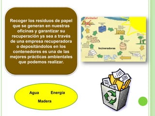 Recoger los residuos de papel que se generan en nuestras oficinas y garantizar su recuperación ya sea a través de una empresa recuperadora o depositándolos en los contenedores es una de las mejores prácticas ambientales que podemos realizar.IncineradorasEnergía Agua Madera 