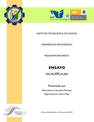 INSTITUTO TECNOLÓGICO DE CANCÚN




   INGENIERÍA EN MECATRÓNICA




       PROGRAMACIÓN BÁSICA




             ENSAYO
         Uso de APIS en Java



            Presentado por
    Pedro Antonio González Martínez
       Miguel Antonio Castro Mejía




   Cancún, Quintana Roo a 19 de junio del 2012
 