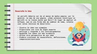 Desarrolla la idea
Un párrafo debería ser de al menos de media página; por lo
general, no más de una página. ¿Cómo entonces construyes un
párrafo si no tienes mucho qué decir? En lugar de ampliar el
enfoque, que es una forma más de cambiar de tema, intenta
usar estas técnicas de desarrollo:
• Ilustra la idea con ejemplos
• Proporciona una cita de algún experto
• Anticipa y responde a los contraargumentos
• Respalda tus ideas con más evidencia
• Ofrece otra perspectiva de una idea
• Elabora oraciones de causa/efecto, definiciones,
comparación/contraste
 