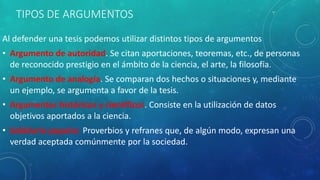TIPOS DE ARGUMENTOS
Al defender una tesis podemos utilizar distintos tipos de argumentos
• Argumento de autoridad. Se citan aportaciones, teoremas, etc., de personas
de reconocido prestigio en el ámbito de la ciencia, el arte, la filosofía.
• Argumento de analogía. Se comparan dos hechos o situaciones y, mediante
un ejemplo, se argumenta a favor de la tesis.
• Argumentos históricos y científicos. Consiste en la utilización de datos
objetivos aportados a la ciencia.
• Sabiduría popular. Proverbios y refranes que, de algún modo, expresan una
verdad aceptada comúnmente por la sociedad.
 