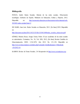 9
Bibliografía
PONCE, Isabel. Redes Sociales. Historia de las redes sociales. Observatorio
tecnológico. Gobierno de España. Ministerio de Educación, Cultura y Deporte, 2012.
Disponible en: http://recursostic.educacion.es/observatorio/web/es/internet/web-
20/1043-redes-sociales?start=2
DE HARO, Juan José. Redes Sociales en Educación, 2012. [En línea] 2010. Disponible
en:
http://danzanet.org/data/2011/10/21/35/file/1319411880redes_sociales_educacion.pdf
GÓMEZ, Marisol; Roses, Sergio; Farías; Pedro. El uso académico de las redes sociales
en universitarios. Comunicar, No. 38, Vol. XIX, 2012, [En línea] Revista Científica de
Educomunicación. ISSN: 1134-3478. Año 2012. Pp. 131-138. Disponible en:
http://www.revistacomunicar.com/index.php?contenido=detalles&numero=38&articulo
=38-2012-16
KAIROS. Revista de Temas Sociales, 24. Recuperado de http://www.revistakairos.org
 