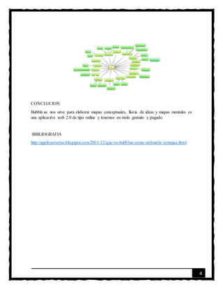 4
CONCLUCION
Bubble.us nos sirve para elaborar mapas conceptuales, lluvia de ideas y mapas mentales es
una aplicación web 2.0 de tipo online y tenemos en molo gratuito y pagado.
BIBLIOGRAFIA
http://appleuniverso.blogspot.com/2011/12/que-es-bubblus-como-utilizarlo-ventajas.html
 