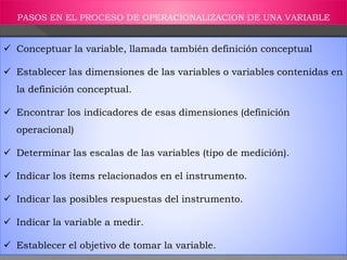 PASOS EN EL PROCESO DE OPERACIONALIZACION DE UNA VARIABLE
 Conceptuar la variable, llamada también definición conceptual
 Establecer las dimensiones de las variables o variables contenidas en
la definición conceptual.
 Encontrar los indicadores de esas dimensiones (definición
operacional)
 Determinar las escalas de las variables (tipo de medición).
 Indicar los ítems relacionados en el instrumento.
 Indicar las posibles respuestas del instrumento.
 Indicar la variable a medir.
 Establecer el objetivo de tomar la variable.
 