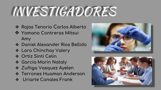 INVESTIGADORES
❖ Rojas Tenorio Carlos Alberto
❖ Yamano Contreras Mitsui
Amy
❖ Daniel Alexander Rios Bellido
❖ Lara Chinchay Valery
❖ Ortiz Sinti Celin
❖ Garcia Marin Nataly
❖ Zuñiga Vasquez Ayelen
❖ Terrones Huaman Anderson
❖ Uriarte Canales Frank
 