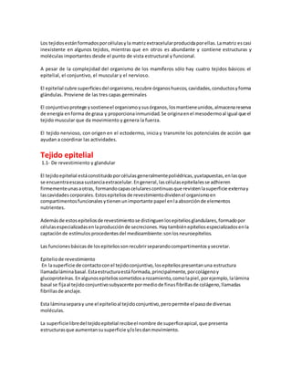 Los tejidosestánformadosporcélulasyla matrizextracelularproducidaporellas.Lamatriz escasi
inexistente en algunos tejidos, mientras que en otros es abundante y contiene estructuras y
moléculas importantes desde el punto de vista estructural y funcional.
A pesar de la complejidad del organismo de los mamíferos sólo hay cuatro tejidos básicos: el
epitelial, el conjuntivo, el muscular y el nervioso.
El epitelial cubre superficiesdel organismo,recubre órganoshuecos,cavidades,conductosyforma
glándulas. Proviene de las tres capas germinales
El conjuntivoprotege ysostieneel organismoysusórganos,losmantieneunidos,almacenareserva
de energía enforma de grasa y proporcionainmunidad.Se originaenel mesodermoal igual que el
tejido muscular que da movimiento y genera la fuerza.
El tejido nervioso, con origen en el ectodermo, inicia y transmite los potenciales de acción que
ayudan a coordinar las actividades.
Tejido epitelial
1.1- De revestimiento y glandular
El tejidoepitelial estáconstituidoporcélulasgeneralmentepoliédricas,yuxtapuestas,enlasque
se encuentraescasasustanciaextracelular.Engeneral,lascélulasepitelialesse adhieren
firmementeunasaotras, formandocapascelularescontinuasque revistenlasuperficie externay
lascavidades corporales.Estosepiteliosde revestimientodividenel organismoen
compartimentosfuncionalesytienenunimportante papel enlaabsorciónde elementos
nutrientes.
Ademásde estosepiteliosde revestimientose distinguenlosepiteliosglandulares,formadopor
célulasespecializadasenlaproducciónde secreciones.Haytambiénepiteliosespecializadosenla
captaciónde estímulos procedentesdel medioambiente:sonlosneuroepitelios.
Las funcionesbásicasde losepiteliossonrecubrirseparandocompartimentosysecretar.
Epiteliode revestimiento
En lasuperficie de contactoconel tejidoconjuntivo,losepiteliospresentanuna estructura
llamadaláminabasal.Estaestructuraestá formada,principalmente,porcolágenoy
glucoproteínas.Enalgunosepiteliossometidosarozamiento,comolapiel,porejemplo,lalámina
basal se fijaal tejidoconjuntivosubyacente pormediode finasfibrillasde colágeno,llamadas
fibrillasde anclaje.
Esta láminaseparay une el epitelioal tejidoconjuntivo,peropermite el pasode diversas
moléculas.
La superficielibredel tejidoepitelial recibeel nombre de superficeapical,que presenta
estructurasque aumentansusuperficie y/olesdanmovimiento.
 