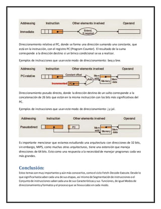 Direccionamiento relativo al PC, donde se forma una dirección sumando una constante, que
está en la instrucción, con el registro PC (Program Counter). El resultado de la suma
corresponde a la dirección destino si un brinco condicional se va a realizar.
Ejemplos de instrucciones que usan este modo de direccionamiento: beq y bne.
Direccionamiento pseudo directo, donde la dirección destino de un salto corresponde a la
concatenación de 26 bits que están en la misma instrucción con los bits más significativos del
PC.
Ejemplos de instrucciones que usan este modo de direccionamiento: j y jal.
Es importante mencionar que estamos estudiando una arquitectura con direcciones de 32 bits,
sin embargo, MIPS, como muchas otras arquitecturas, tiene una extensión que maneja
direcciones de 64 bits. Esto como una respuesta a la necesidad de manejar programas cada vez
más grandes.
Conclusión:
Estos temassonmuy importantesyaúnmás conocerlos,comoel ciclo Fetch-Decode-Execute. Desde lo
que significahastasabercada una de susetapas, así mismode Segmentaciónde instruccionesoel
Conjuntode instruccionessabercadauna de sus Característicasy sus funciones,de igual Modosde
direccionamientoyformatosyel procesoque se llevaacabo encada modo.
 