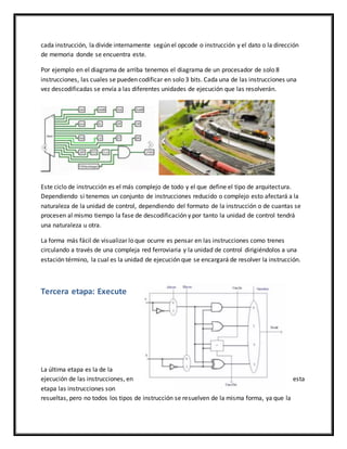 cada instrucción, la divide internamente según el opcode o instrucción y el dato o la dirección
de memoria donde se encuentra este.
Por ejemplo en el diagrama de arriba tenemos el diagrama de un procesador de solo 8
instrucciones, las cuales se pueden codificar en solo 3 bits. Cada una de las instrucciones una
vez descodificadas se envía a las diferentes unidades de ejecución que las resolverán.
Este ciclo de instrucción es el más complejo de todo y el que define el tipo de arquitectura.
Dependiendo si tenemos un conjunto de instrucciones reducido o complejo esto afectará a la
naturaleza de la unidad de control, dependiendo del formato de la instrucción o de cuantas se
procesen al mismo tiempo la fase de descodificación y por tanto la unidad de control tendrá
una naturaleza u otra.
La forma más fácil de visualizar lo que ocurre es pensar en las instrucciones como trenes
circulando a través de una compleja red ferroviaria y la unidad de control dirigiéndolos a una
estación término, la cual es la unidad de ejecución que se encargará de resolver la instrucción.
Tercera etapa: Execute
La última etapa es la de la
ejecución de las instrucciones, en esta
etapa las instrucciones son
resueltas, pero no todos los tipos de instrucción se resuelven de la misma forma, ya que la
 