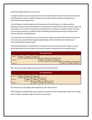 Ejemplode segmentaciónde instrucciones
La segmentaciónescomounacadena de montaje.Encada etapa de la cadenase llevaa cabo unaparte
del trabajototal y cuando se acaba el trabajo de una etapa,el productopasa a la siguienteyasí
sucesivamente hastallegaral final.
Si hay N etapas,se puede trabajarsobre N productosal mismotiempoy,si la cadenaestábien
equilibrada,saldráunproductoacabadoen el tiempoque se tardaen llevaracabo una de las etapas.De
estamanera,no se reduce el tiempoque se tarda enhacer unproducto,sinoque se reduce el tiempo
total necesarioparahacer una determinadacantidadde productosporque lasoperacionesde cada
etapase efectúansimultáneamente.
Si consideramosque el productoesunainstrucciónylas etapassoncada unade lasfasesde ejecución
de la instrucción,que llamamosetapade segmentación,hemosidentificadoloselementosyel
funcionamientode lasegmentación.
Veámoslográficamente.Presentamosunmismoprocesoconinstruccionesde tresetapas,enel que
cada etapa tarda el mismotiempoenejecutarse,resueltosinsegmentaciónyconsegmentación:
Son necesarias nueve etapas para ejecutar las tres instrucciones.
Son necesarias cinco etapas para ejecutar las tres instrucciones.
Se ha reducido el tiempo total que se tarda en ejecutar las tres instrucciones, pero no el tiempo
que se tarda en ejecutar cada una de las instrucciones.
 