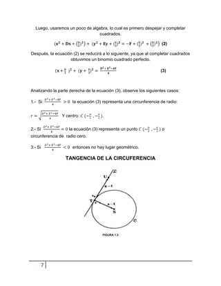 Luego, usaremos un poco de algebra, lo cual es primero despejar y completar
                                cuadrados.

                                                                   (2)

Después, la ecuación (2) se reducirá a lo siguiente, ya que al completar cuadrados
                   obtuvimos un binomio cuadrado perfecto.

                                                                   (3)



Analizando la parte derecha de la ecuación (3), observe los siguientes casos:

1.- Si               la ecuación (3) representa una circunferencia de radio:


                Y centro:            .


2.- Si             la ecuación (3) representa un punto             o
circunferencia de radio cero.

3.- Si               entonces no hay lugar geométrico.

                  TANGENCIA DE LA CIRCUFERENCIA




                                     FIGURA 1.3




     7
 