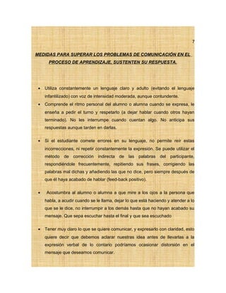 7
MEDIDAS PARA SUPERAR LOS PROBLEMAS DE COMUNICACIÓN EN EL
PROCESO DE APRENDIZAJE, SUSTENTEN SU RESPUESTA.
• Utiliza constantemente un lenguaje claro y adulto (evitando el lenguaje
infantilizado) con voz de intensidad moderada, aunque contundente.
• Comprende el ritmo personal del alumno o alumna cuando se expresa, le
enseña a pedir el turno y respetarlo (a dejar hablar cuando otros hayan
terminado). No les interrumpe cuando cuentan algo. No anticipa sus
respuestas aunque tarden en darlas.
• Si el estudiante comete errores en su lenguaje, no permite reír estas
incorrecciones, ni repetir constantemente la expresión. Se puede utilizar el
método de corrección indirecta de las palabras del participante,
respondiéndole frecuentemente, repitiendo sus frases, corrigiendo las
palabras mal dichas y añadiendo las que no dice, pero siempre después de
que él haya acabado de hablar (feed-back positivo).
• Acostumbra al alumno o alumna a que mire a los ojos a la persona que
habla, a acudir cuando se le llama, dejar lo que está haciendo y atender a lo
que se le dice, no interrumpir a los demás hasta que no hayan acabado su
mensaje. Que sepa escuchar hasta el final y que sea escuchado
• Tener muy claro lo que se quiere comunicar, y expresarlo con claridad, esto
quiere decir que debemos aclarar nuestras idea antes de llevarlas a la
expresión verbal de lo contario podríamos ocasionar distorsión en el
mensaje que deseamos comunicar.
 