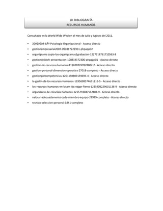 10. BIBLIOGRAFÍA
                               RECURSOS HUMANOS


Consultado en la World Wide Wed en el mes de Julio y Agosto del 2011.

•   20929904-8Âº-Psicologia-Organizacional - Acceso directo
•   gestionempresarial2007-090317221951-phpapp02
•   organigrama copia-los-organigramas1grabacion-1227918761710563-8
•   gestiondelosrh-presentacion-100819172300-phpapp01 - Acceso directo
•   gestion-de-recursos-humanos-1196282269928802-2 - Acceso directo
•   gestion-personal-dimension-operativa-27018-completo - Acceso directo
•   gestionporcompetencias-1203198809149695-4 - Acceso directo
•   la-gestin-de-los-recursos-humanos-1195698574651216-5 - Acceso directo
•   los-recursos-humanos-en-latam-idc-edgar-fierro-1225409229601138-9 - Acceso directo
•   organizacin-de-recursos-humanos-1215759047512808-9 - Acceso directo
•   valorar-adecuadamente-cada-miembro-equipo-27979-completo - Acceso directo
•   tecnico-seleccion-personal-1841-completo
 