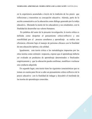 TEORÍAS DEL APRENDIZAJE: TEORÍA CRÍTICA DE LA EDUCACIÓN SANTOS (2016)
6
en la experiencia acumulada a través de la tradición de los praxis que
reflexionan y transmiten su concepción educativa. Además, parte de la
acción comunicativa en la educación como diálogo generado por la trabjo
educativo, liberando la mente de los educadores y sus estudiantes, con la
finalidad de desarrollar sus valores humanos.
En palabras del autor de la presente investigación, la teoría crítica es
definida como despertar el pensamiento crítico-reflexivo y una
sensibilidad por el proceso enseñanza y aprendizaje se realice con
eficiencia, eficiente bajo el manejo de personas eficaces con la finalidad
de una educación óptima y de calidad.
Igualmente, esta teoría critica a las metodologías impuestas por las
otras teorías como estímulo- respuesta, expone que el aprendizaje debería
ser evaluado en productos de aprendizaje determinados o finalizados
empíricamente y que la educación pueda confirmar, modificar o rechazar
una conducta adquirida
En segundo lugar, esta teoría tiene las siguientes características que se
toman en cuenta para llevar a cabo un pensamiento crítico-reflexivo de la
praxis educativo con la finalidad de indagar y descubrir el trasfondo de
las teorías de aprendizajes conocidas.
 