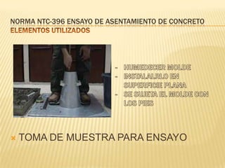 NORMA NTC-396 ENSAYO DE ASENTAMIENTO DE CONCRETO



TOMA DE MUESTRA PARA ENSAYO

 