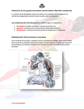 PAOLARIVERABRIONES
Interacción de los grupos musculares cuando existen diferentes resistencias
La tensión de los Sinergistas varía de acuerdo con la variación de la resistencia, en
cambio los antagonistas se ponen tensos cuando varía la resistencia.
Las resistencias del movimiento pueden dividirse según su magnitud en:
1. Constantes: Pueden ser el peso, la fuerza de fricción, etc.
2. Aumento: Las fuerzas de incremento de la deformación elástica.
3. Disminución: La fuerza de inercia durante el impulso de un implemento.
Redistribución de las tensiones musculares
Los momentos de inclusión y exclusión de los músculos en el trabajo, están determinados
por la zona de su actividad y por la zona optima, lo que conduce a medida que transcurre
el movimiento a la variación continua de la tracción muscular, a la redistribución de las
tensiones.
 