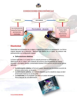 PAOLARIVERABRIONES
Elasticidad
Elasticidad es la propiedad de un objeto o material que provoca su restauración a su forma
original después de la distorsión. Mientras más elástico es un objeto, se restaura más
precisamente a su configuración original
 Deformaciones elásticas
La fuerza aplicadas a un cuerpo que en conjunto provocan su deformación. La
deformación de un cuerpo es la variación de la forma y las dimensiones los huesos
esqueleto y los tejidos blandos contrarrestan durante la formación la acción de las fuerzas
aplicadas. .
 La deformación elástica, la forma el cuerpo, después que ha cesado la acción de
la fuerza deformante, se recupera...
 La deformación plástica, se mantiene después que ha cesado la carga, es decir
la formación inicial ya no se recupera
 La elasticidad, es la propiedad que tiene un cuerpo recuperar por sí mismo su
forma después de una deformación.
Son relativamente
pequeñas Posturas
permanentes
incómodas
Actúanlas fuerzasde
inercia, Sobre
esfuerzos
Movimientos
repetitivos
Por el carácter de acción
 