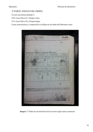 Materiales                                                      Prácticas de laboratorio

   2ª PARTE: ENSAYO DE CHISPA
   En este caso hemos probado 2:
   F521-Acero Heva Fc- Chispas cortas.
   F11s-Acero Heva Tm -Chispas largas.
   Cuyas características y composición se reflejan en las tablas del fabricante como:




              Imagen 7: Tablas de características de los aceros según marca comercial




                                                                                           10
 