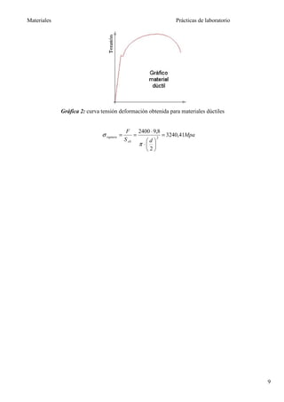 Materiales                                                       Prácticas de laboratorio




             Gráfica 2: curva tensión deformación obtenida para materiales dúctiles


                                             F     2400 ⋅ 9,8
                              σ ruptura =        =          2
                                                              = 3240,41Mpa
                                            S s0      d 
                                                   π ⋅ 
                                                      2




                                                                                            9
 