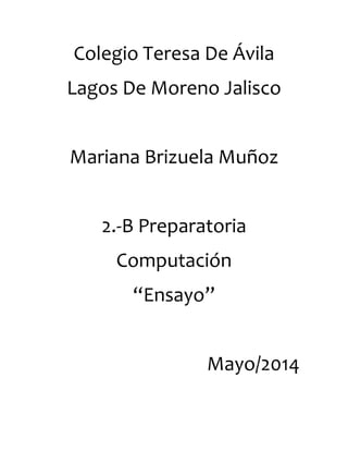 Colegio Teresa De Ávila
Lagos De Moreno Jalisco
Mariana Brizuela Muñoz
2.-B Preparatoria
Computación
“Ensayo”
Mayo/2014
 