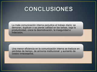 La mala comunicación interna perjudica el trabajo diario: se
demoran, duplican o se pierde calidad en las tareas, baja la
productividad, crece la desmotivación, la inseguridad e
indecisión.




Una menor eficiencia en la comunicación interna se traduce en
pérdidas de tiempo, de armonía institucional y aumento de
costos innecesarios.
 